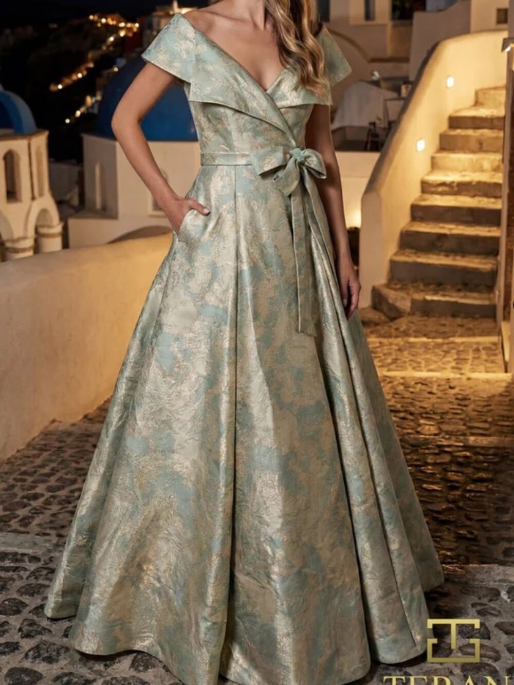 Terani Couture Metallic Sage Green and Gold Off-Shoulder Ball Gown